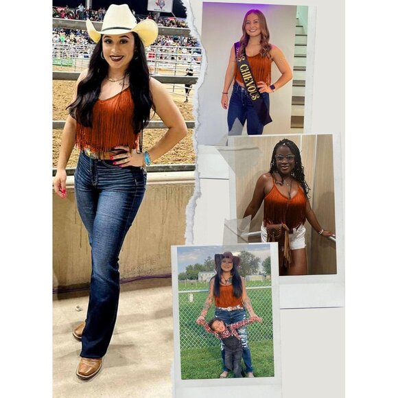 Women's Brown Fringe Tank Top Western Festival Clothing Cowgirl V Neck Outfits - Picture 4 of 6